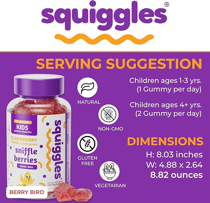 Squiggles Sniffle Berries Elderberry Gummies with Bee Propolis & Echinacea, Kids Defense Gummies, Kids Vitamins for Immune Support, Tasty Chewy Toddler Gummy Vitamin, 100 Gummies
