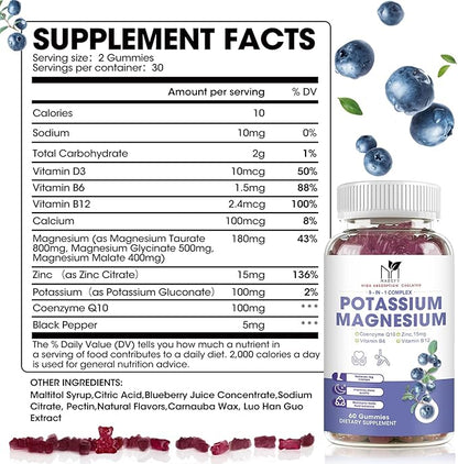 Potassium Magnesium Gummies 1800mg, Sugar-Free Potassium Gummies with Magnesium Glycinate, Taurate, Malate, Chewable Magnesium Potassium Supplements for Leg Cramps & Muscle, Heart Health (2 Pack)