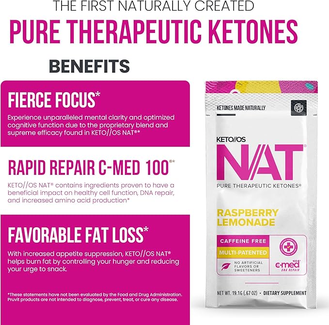 PRÜVIT Keto//OS NAT® Raspberry Lemonade Keto Supplements – Caffeine Free - Exogenous Ketones - BHB Salts Ketogenic Supplement for Workout Energy Boost for Men and Women (20 Count)