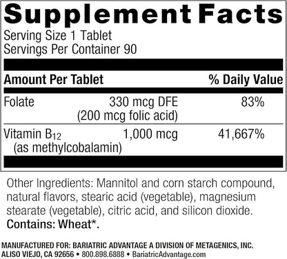 Bariatric Advantage B-12 Speedy Melts, Vitamin B12 1000 mcg Supplement, Fast Melting with 200 mcg of Folic Acid for Nutritional Support - Black Cherry, 90 Count