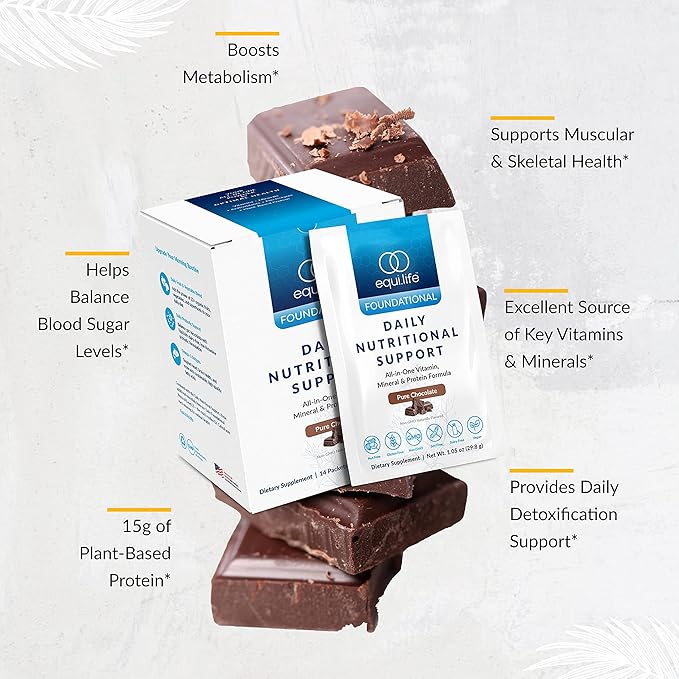Equilife - Daily Nutritional Support, Organic and Plant Based Protein Powder, All-in-one Multivitamin, Boost Energy and Mood, Gut-Cleansing Aid and Skin Health (Pure Chocolate,14 Servings Packets)