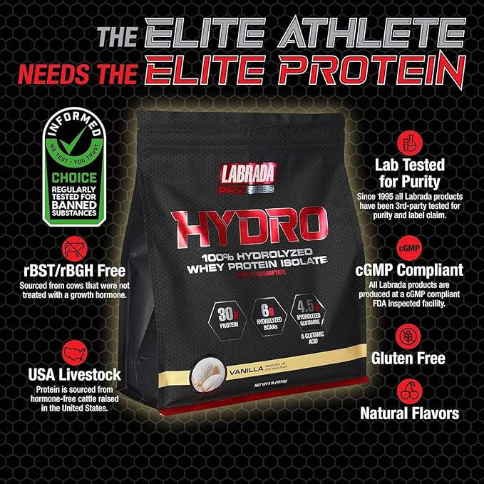 Labrada Hydro 100% Pure Hydrolyzed Whey Protein Isolate Powder, Lactose Free, Glutamine, Fastest Digesting Whey Available, Instant Mixing, Delicious Taste 48 Servings 4lb (Vanilla)