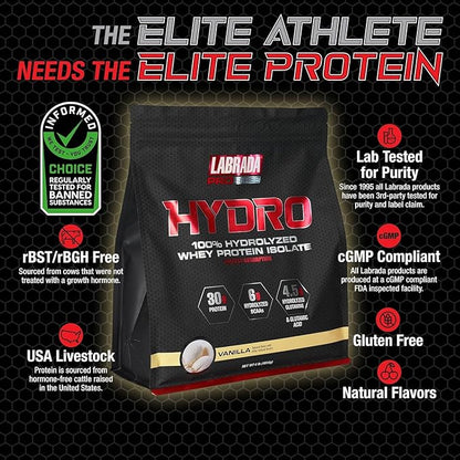Labrada Hydro 100% Pure Hydrolyzed Whey Protein Isolate Powder, Lactose Free, Glutamine, Fastest Digesting Whey Available, Instant Mixing, Delicious Taste 48 Servings 4lb (Vanilla)