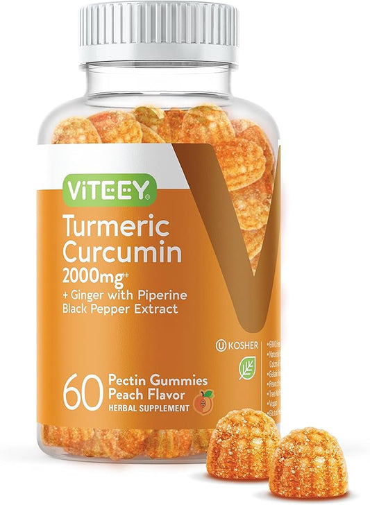 Turmeric Gummies with Turmeric Curcumin 2000mg, Ginger & Black Pepper Extract - Immune Support, Healthy Skin, and Joint Health - Vegan, Gelatin Free, GMO Free - Tasty Chewable Peach Flavored Gummy