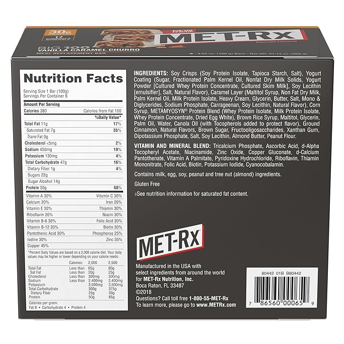 MET-Rx Big 100 Colossal Protein Bars, Vanilla Caramel Churro Meal Replacement Bars, Brown, 9 Count