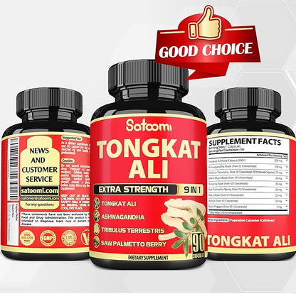 Satoomi Tongkat Ali Root Extract 200 for Men with 9 Herbs Ashwagandha, Tribulus Terrestris & More - Strength, Mind, and Immune Support - 90 Capsules - 3 Month Supply
