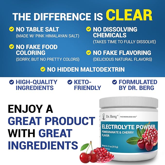Dr. Berg Zero Sugar Hydration Keto Electrolyte Powder - Enhanced w/ 1000 mg of Potassium & Real Pink Himalayan Salt (NOT Table Salt) - Pomegranate and Cherry Hydration Drink Supplement - 50 Servings
