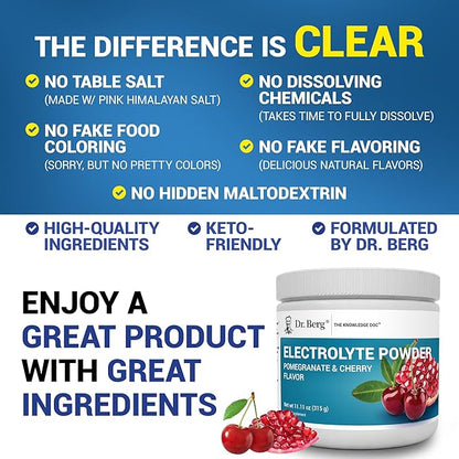 Dr. Berg Zero Sugar Hydration Keto Electrolyte Powder - Enhanced w/ 1000 mg of Potassium & Real Pink Himalayan Salt (NOT Table Salt) - Pomegranate and Cherry Hydration Drink Supplement - 50 Servings