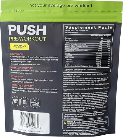 SFH Push Pre-Workout Powder (Lemonade) BCAAs for Muscle Repair | Electrolytes | Non-Dairy, No Artificial Flavors, Colors, Sugar, Soy, Gluten, or GMOs (Bag)