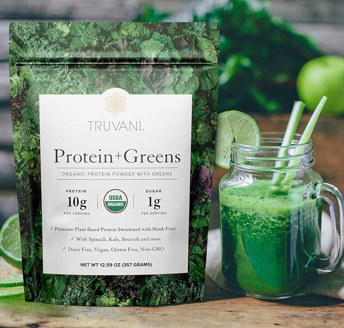 Truvani Protein + Greens Supplement | Spinach, Kale & Broccoli | 10g Organic Plant Based Protein | 20 Servings | USDA Organic | Gluten & Dairy Free | Vegan | No Added Sugar