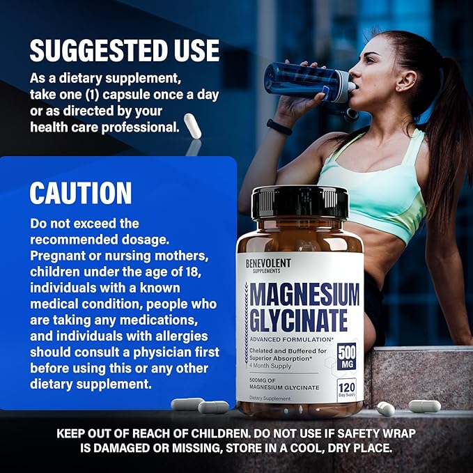 Premium Magnesium Glycinate 500mg Capsules High Absorption Formula Chelated Buffered Glycinate to Support Digestion, Bone, Sleep & Muscle Health - Made in USA - 120 Capsules