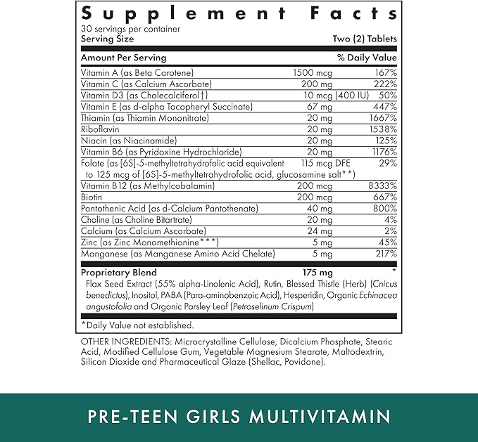 MICHAEL'S Health Naturopathic Programs Pre-Teen Girls - 60 Vegetarian Tablets - Daily Multivitamin for Healthy Growth & Development - Kosher - 30 Servings
