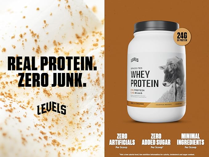 Levels Grass Fed Whey Protein Powder, No Artificials, 24G of Protein, Vanilla Cinnamon, 2LB