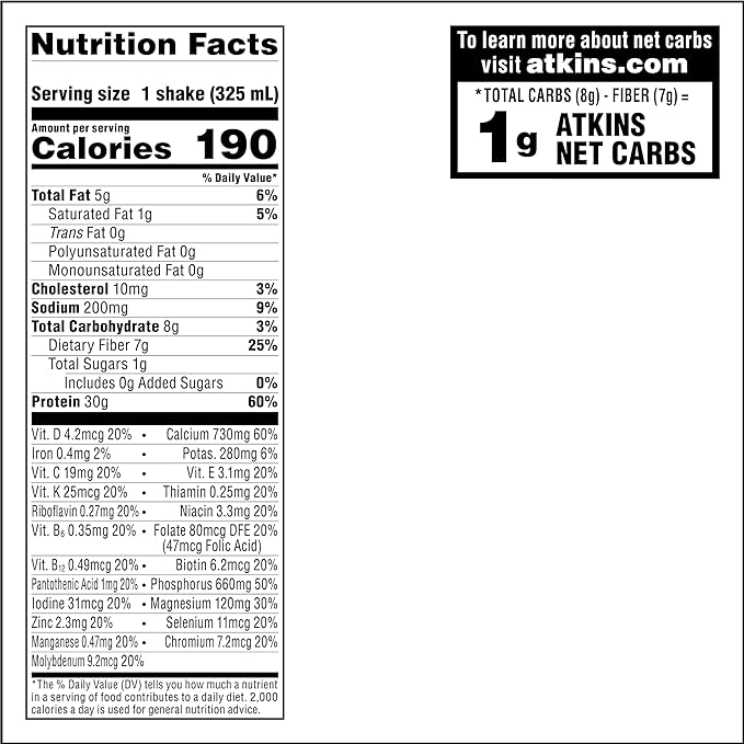 Atkins Creamy Vanilla PLUS Protein Shake, 30g Protein, 7g Fiber, 1g Net Carb, 1g Sugar, Keto Friendly, Low Carb, High Protein Drink, 12 Count