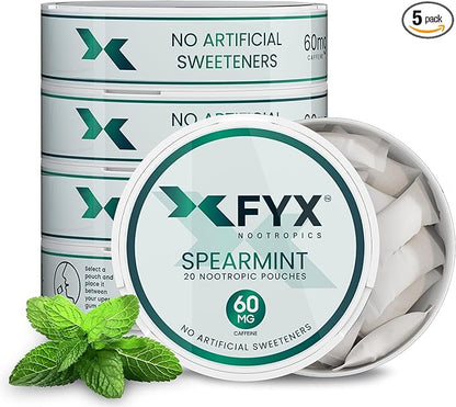 FYX Caffeine Nootropic Pouches (Spearmint) – Clean Energy & Focus with Alpha-GPC, L-Tyrosine & L-Theanine – Brain Supplement 60mg Caffeine Pouches – Sugar-Free Alpha Nootropic Pouches – 20-Pack