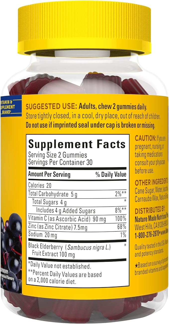 Nature Made Elderberry with Vitamin C and Zinc, Dietary Supplement for Immune Support, 60 Elderberry Gummies, 30 Day Supply
