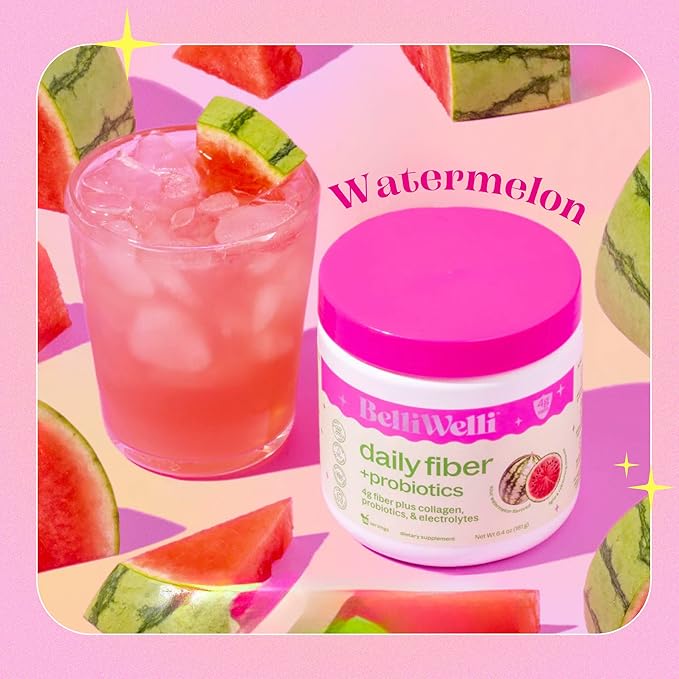 Daily Fiber Supplement Powder with Collagen, Probiotics & Electrolytes | Supports Digestive Health, Gut Balance & Debloating | Watermelon | 16 Servings