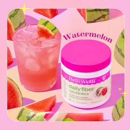 Daily Fiber Supplement Powder with Collagen, Probiotics & Electrolytes | Supports Digestive Health, Gut Balance & Debloating | Watermelon | 16 Servings