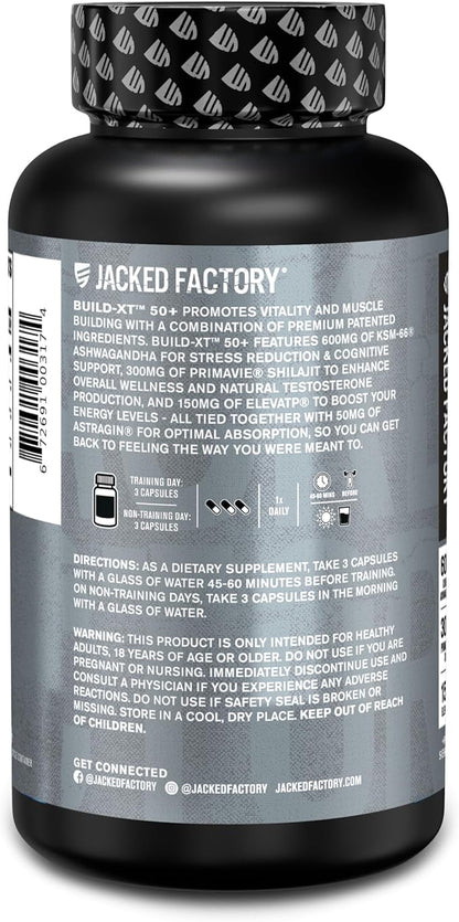Jacked Factory Build-XT 50+ Daily Muscle Builder - Muscle Recovery Supplement & Muscle Builder for Men and Women with KSM-66 Ashwagandha, Primavie Shilajit, ElevATP, & Astragin - 90 Count