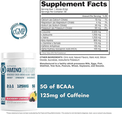NutraOne Amino Energy BCAA Powder Pre-Workout Supplement with Caffeine Branched Chain Amino Acids to Help Fuel and Recover* (BlackBerry Lemonade - 30 Servings)