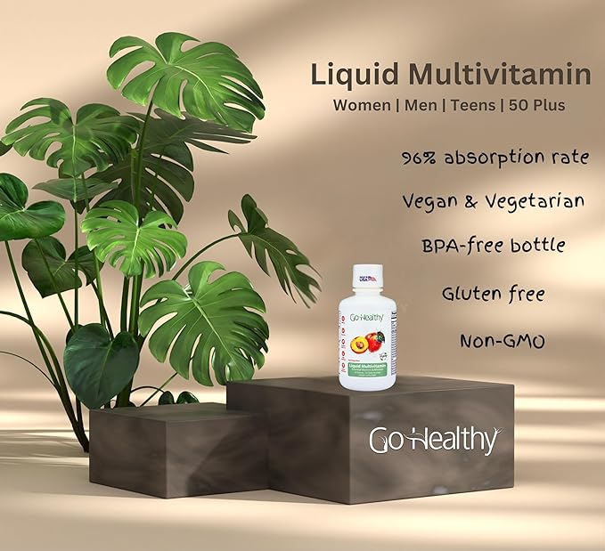 Go Healthy Liquid Multivitamin for Women, Men, Teens, 50 Plus – Vegan Vitamin & Mineral Supplement, Adult Energy & Immune Support, Easy-to-Absorb, Delicious Fruit Flavor – 32 Servings