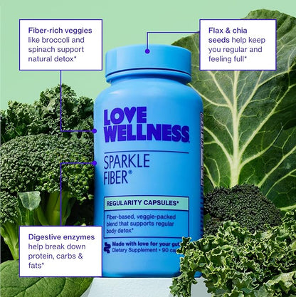 Love Wellness Sparkle Fiber | Fiber Supplement with Digestive Enzymes | Greens Superfood Powder & Psyllium Husk Powder | Promotes Gut Health for Women | Regularity & Bloating Relief | 90 Count