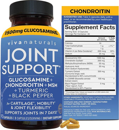 Glucosamine Chondroitin MSM Joint Support Supplement, 90 Capsules - with Turmeric, Black Pepper, Boswellia and Hyaluronic Acid - Joint Health Supplement for Mobility, Flexibility and Comfort