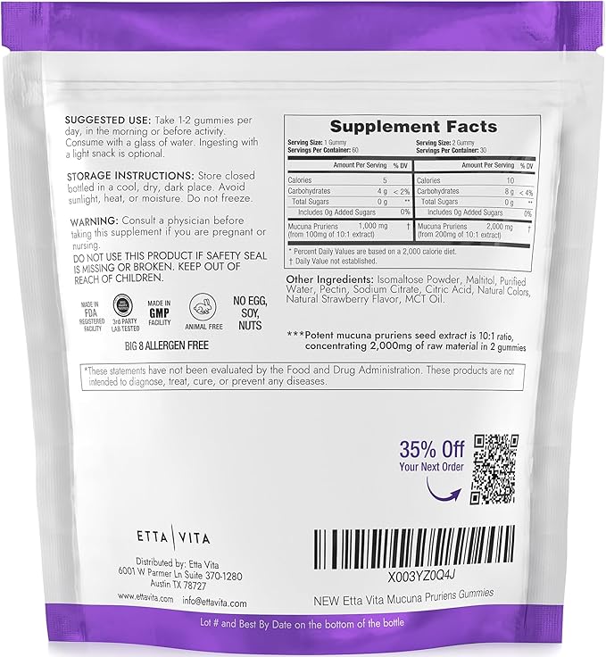 Dopamine Supplement - Sugar-Free Mucuna Pruriens Gummies (2g/serving) Energy & Focus Gummies - Potent Mucuna Pruriens Extract Supplement for Calm Mood and Motivation, Vegan, Non-GMO, Gluten-Free, 60ct
