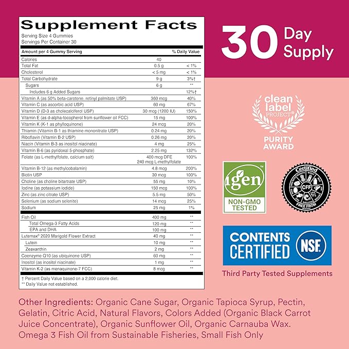SmartyPants Gummy Multivitamin for Women 50 and Over: Omega 3 Fish Oil (EPA/DHA), Methylfolate, CoQ10, Vitamin D3, C, Vitamin B12, B6, Vitamin A, K & Zinc, Gluten Free, 120 Count (30 Day Supply)