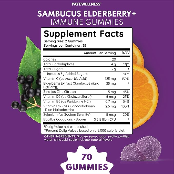 Elderberry Gummies Immune Support, Daily Support for Kids and Adults*, with Sambucus Elderberry, Zinc, Vitamin C, D3, B6, B12, Plus - Dietary Supplement - 70 Count