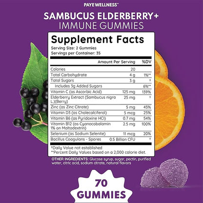 Elderberry Gummies Immune Support, Daily Support for Kids and Adults*, with Sambucus Elderberry, Zinc, Vitamin C, D3, B6, B12, Plus - Dietary Supplement - 70 Count