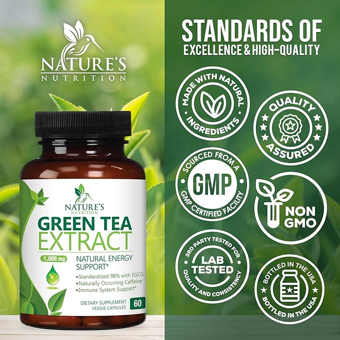 Green Tea Extract Capsules 1000mg 98% Standardized EGCG - 3X Strength for Natural Energy - Heart Support with Polyphenols - Gentle Caffeine - 60 Capsules