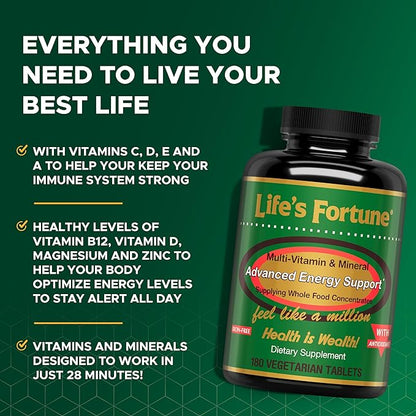 Life's Fortune Multivitamin & Mineral, All Natural Energy Source Supplying Whole Food Concentrates, Antioxidants, Amino Acids, Enzymes, Trace Minerals & More, 180 Tab