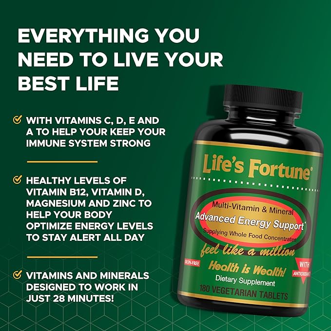 Life's Fortune Multivitamin All Natural Energy Source Supplying Whole Food Concentrates, Antioxidants, Amino Acids, Enzymes, Trace Minerals & More (180 Count (Pack of 1))