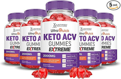 (5 Pack) Ultra Quick Keto ACV Gummies Extreme 2000MG Ultraquick Keto Gummies Apple Cider Vinegar Formulated with Pomegranate Beet Juice Powder B12 Vegan Non GMO 300 Gummys