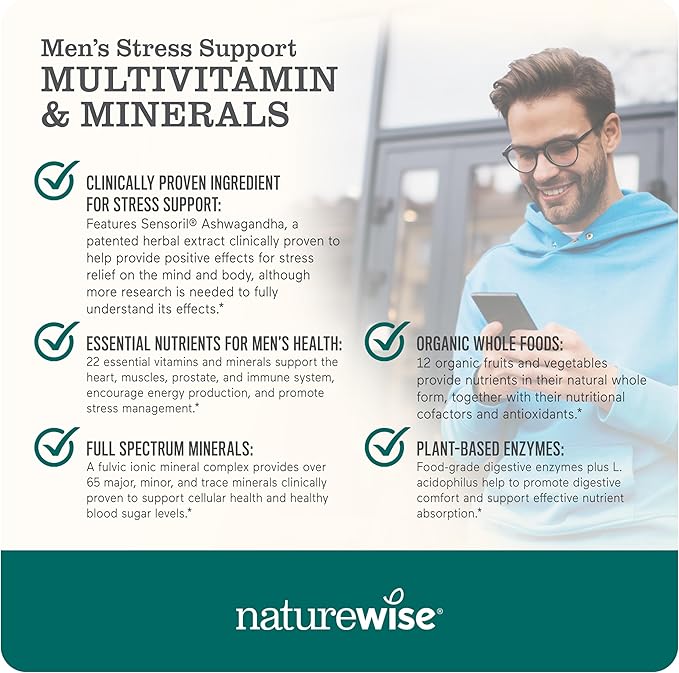 NatureWise Multivitamin for Men + Stress Support + Fulvic Ionic Minerals + Probiotics for Immunity, Male Health, Digestion + Whole Organic Foods - Vegetarian, Non-GMO - 60 Capsules[1-Month Supply]