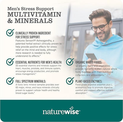 NatureWise Multivitamin for Men + Stress Support + Fulvic Ionic Minerals + Probiotics for Immunity, Male Health, Digestion + Whole Organic Foods - Vegetarian, Non-GMO - 60 Capsules[1-Month Supply]