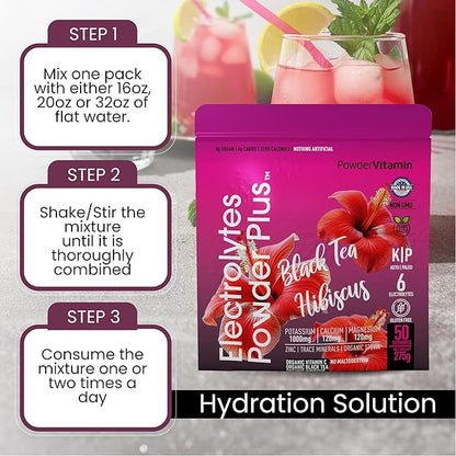 Electrolytes Powder Plus (50 Servings) Black Tea Hibiscus Electrolyte Powder Keto, Sugar Free, Pink Himalayan Salt,1000mg Potassium,120mg Calcium,120mg Magnesium, Hydration Powder