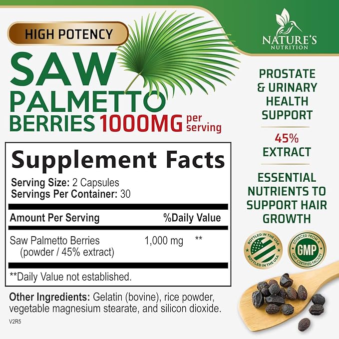 Saw Palmetto Extract Prostate Supplement - 1000 MG Saw Palmetto Supplement, Nature's Prostate Support Supplement for Men Health Support, Men's Prostate Urinary Health Support Supplement - 60 Capsules
