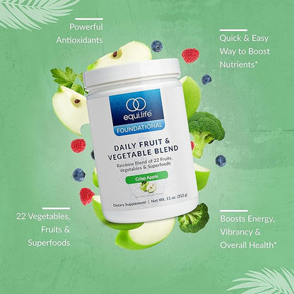 Equilife - Daily Fruit & Vegetable Blend, Fruits and Vegetables Supplements, Vitamin C, 9 Essential Amino Acids, Promotes Energy, Low-Sugar, Easy-to-Use, Vegan, Non-GMO (Crisp Apple, 30 Servings Tub)