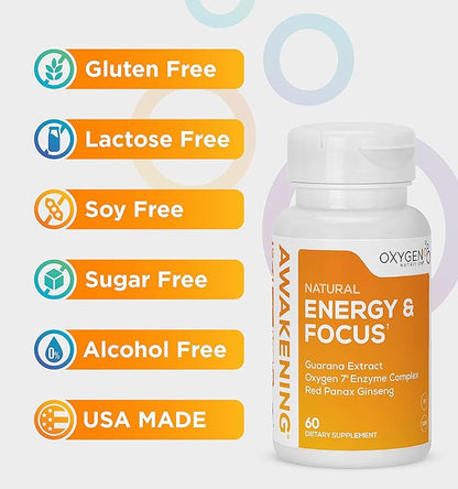Awakening Natural Energy & Focus Nootropic Supplement with Panax Ginseng, Guarana Extract & Chromium Picolinate | Brain Supplement for Focus, Energy, Mood & Clarity | Gluten Free Veggie, USA - 60 Caps