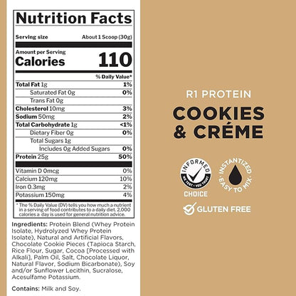 Rule One Proteins R1 Protein - 25g Fast-Acting, Super-Pure 100% Isolate and Hydrolysate Protein Powder with 6g BCAAs (2 Pounds*, Cookies & Crème)