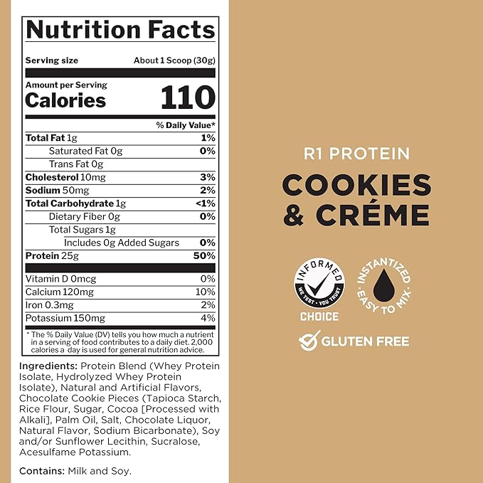 Rule One Proteins R1 Protein - 25g Fast-Acting, Super-Pure 100% Isolate and Hydrolysate Protein Powder with 6g BCAAs (5 Pounds*, Cookies & Crème)