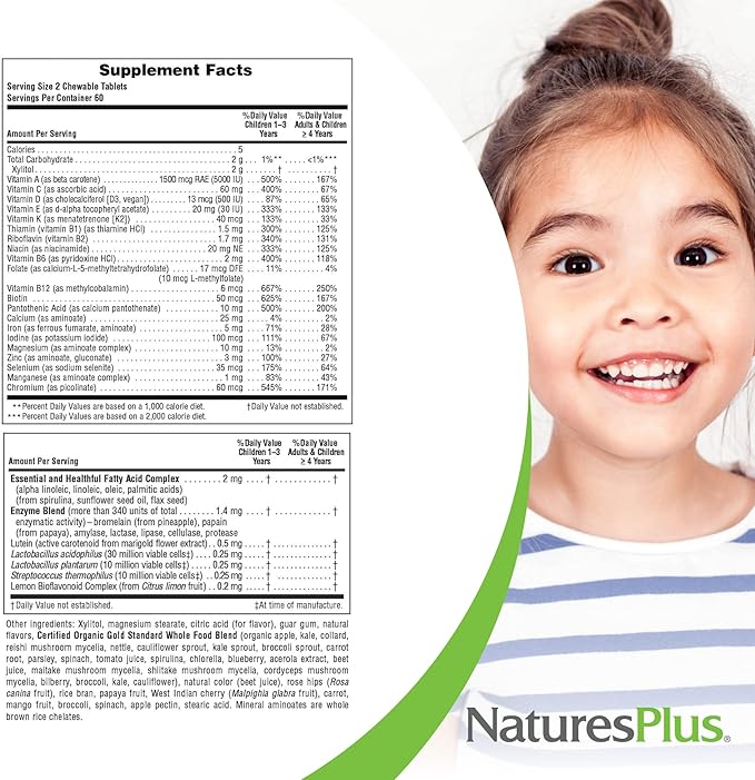 Natures Plus Animal Parade Gold Children's Chewable Multivitamin - Natural Cherry Flavor - 60 Animal Shaped-Tablets - with Vitamin D3, K2 & Probiotics - Vegetarian & Gluten Free - 120 Servings