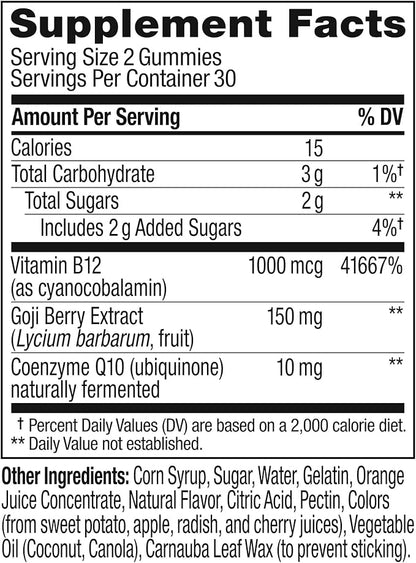 OLLY Extra Strength Daily Energy Gummy, Caffeine Free, 1000mcg Vitamin B12, CoQ10, Goji Berry, Adult Chewable Supplement, Berry Yuzu Flavor - 60 Count