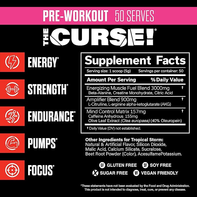 JNX SPORTS The Curse! Pre Workout Powder - Tropical Storm 50 Servings | Preworkout: Boost Strength, Energy + Focus for Men & Women | Caffeine, Beta-Alanine, Creatine & L-Citrulline