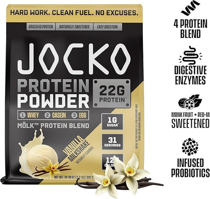 Jocko Mölk Whey Protein Powder 22g Protein - Sugar Free Monk Fruit Blend - Muscle Recovery & Growth, Packaging May Vary (31 Servings, Vanilla Milkshake)