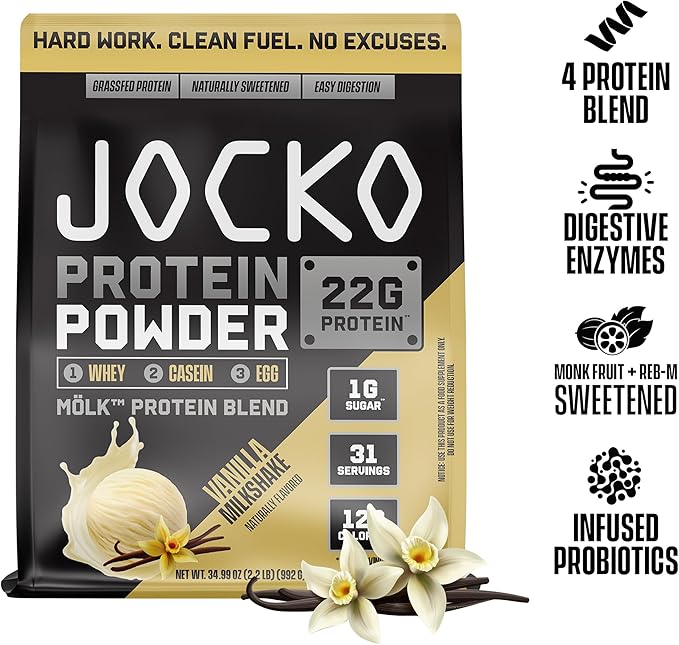 Jocko Mölk Whey Protein Powder 22g Protein - Sugar Free Monk Fruit Blend - Muscle Recovery & Growth, Packaging May Vary (31 Servings, Vanilla Milkshake)