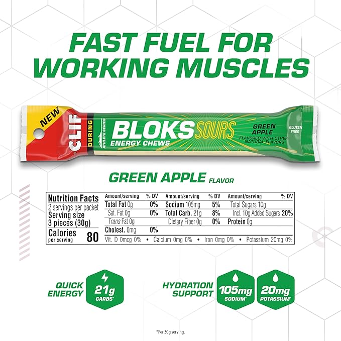 Clif Bloks Sours - Green Apple Flavor - Energy Chews - Non-GMO - Plant Based - Fast Fuel for Cycling and Running - Quick Carbohydrates and Electrolytes - 2.12 oz. (18 Count)