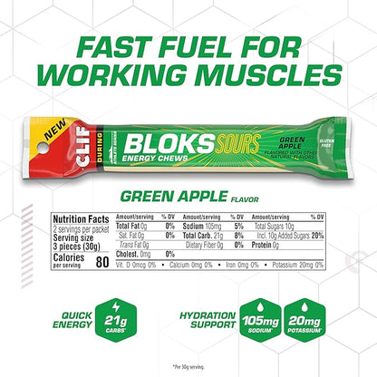 Clif Bloks Sours - Green Apple Flavor - Energy Chews - Non-GMO - Plant Based - Fast Fuel for Cycling and Running - Quick Carbohydrates and Electrolytes - 2.12 oz. (18 Count)